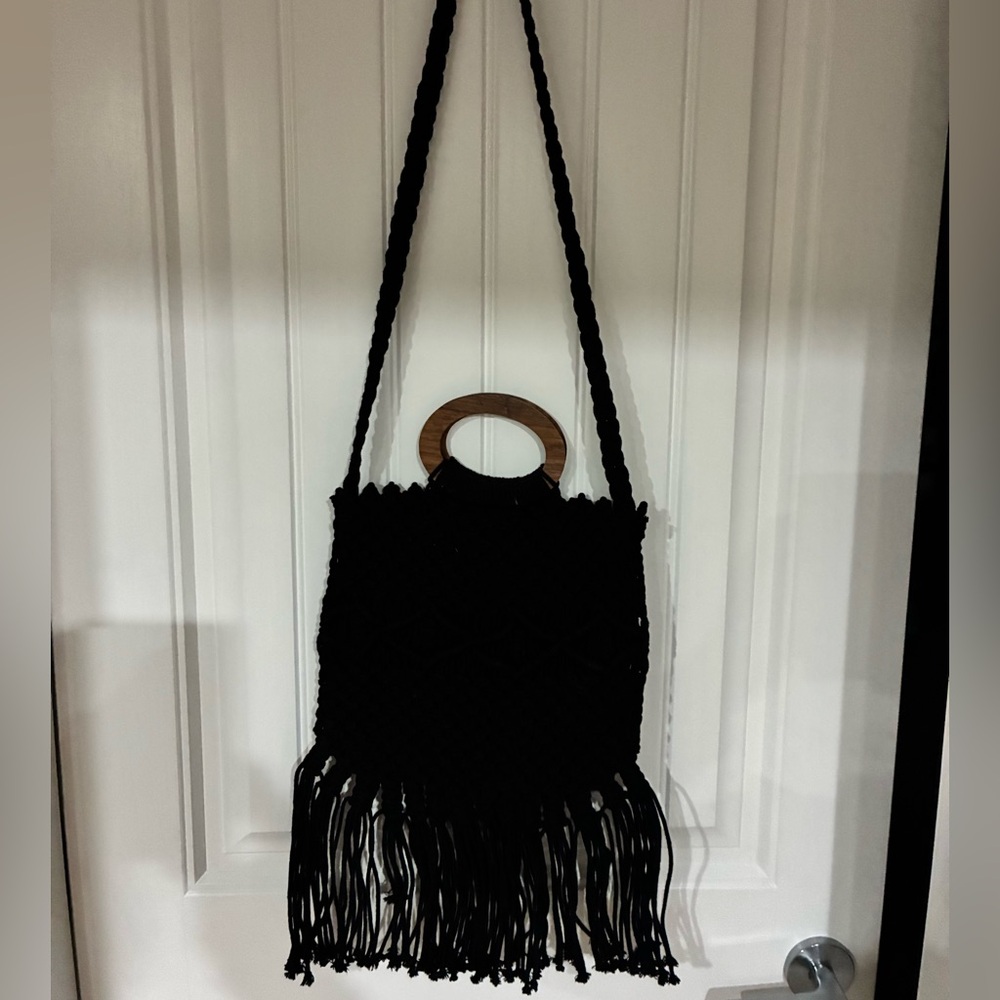 Danielle Nicole Black Fringe Macramé Shoulder Bag
